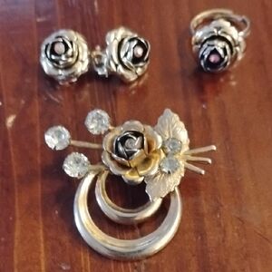 Gold and Silver Floral Brooch with Crystal Accents